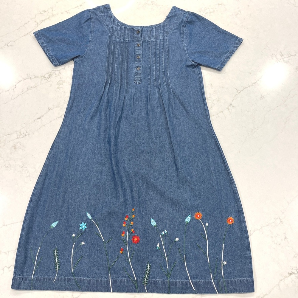 Vermont Country Store Embroidered Denim Chambray Dress Womens M Cottagecore